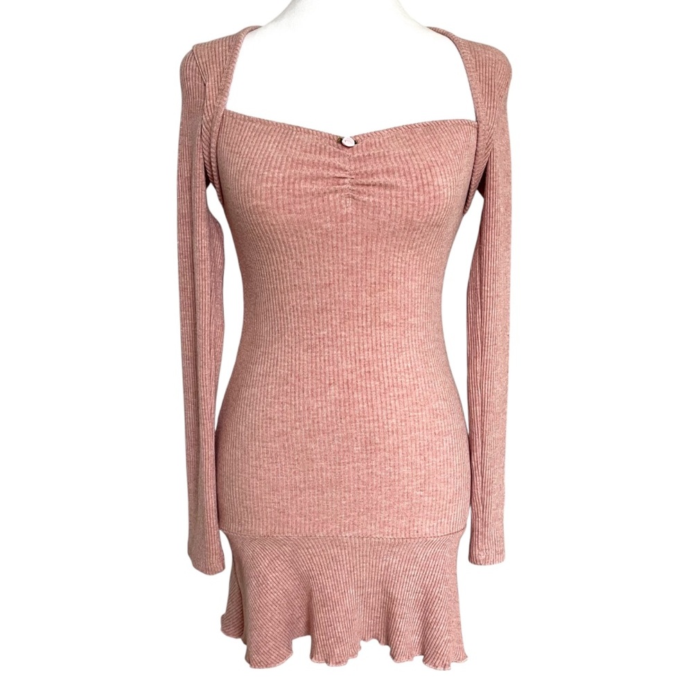 Pink Long Sleeve Floral Ribbed Mini Dress 90s Y2K Fairy Coquette Babydoll M - Picture 7 of 7